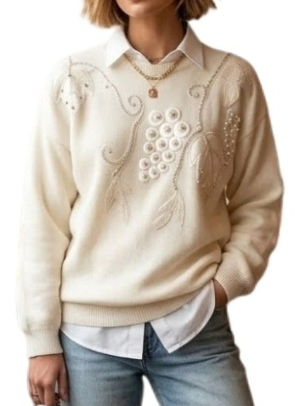 Carducci Sweater 1980s 3D Pearl Beads and Applique Long Sleeves Cream Size Large
